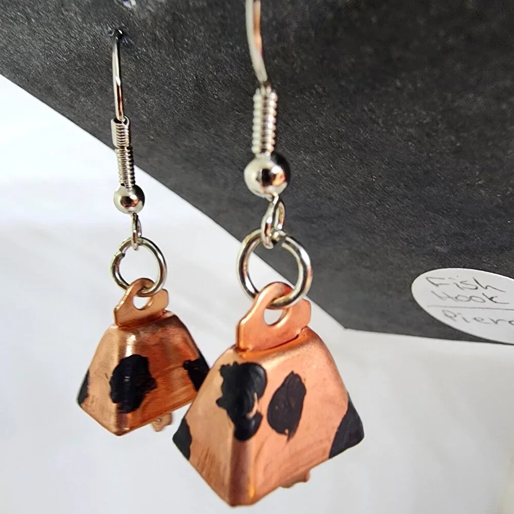Copper Cow Bell Spot Handmade Craft Dangle Drop Pierced Earrings